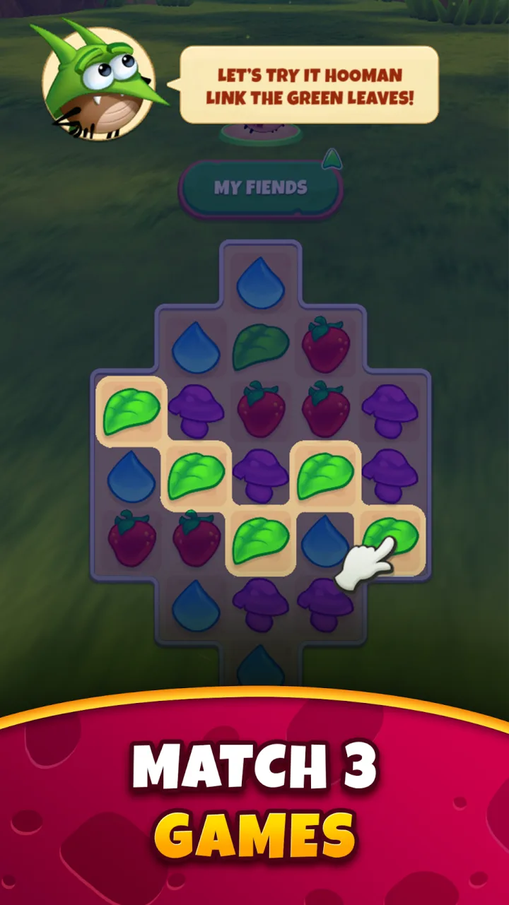 Best Fiends screenshot showing a match-3 board with character hints