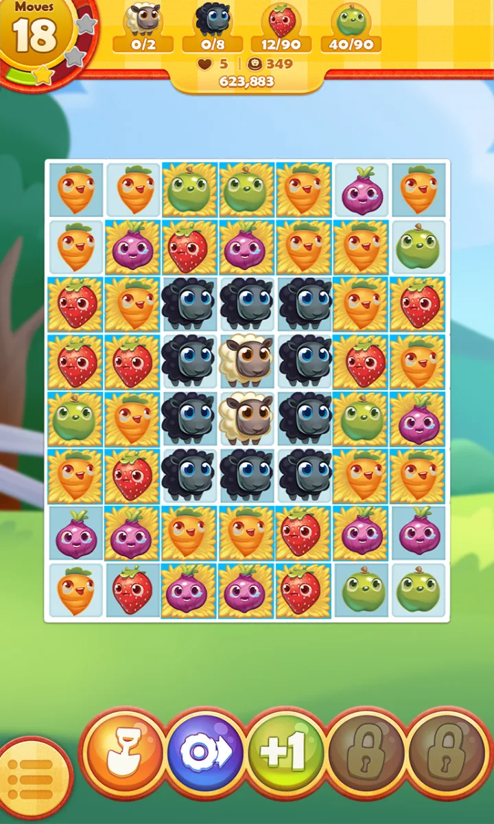 Farm Heroes Saga screenshot showing a cropsie board with collection targets