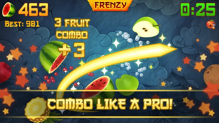 Fruit Ninja gameplay screenshot used as an example of a title on the FruitProbe shelf