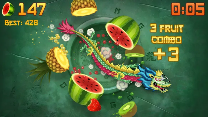 Fruit Ninja gameplay screenshot with fruit thrown across a dark board